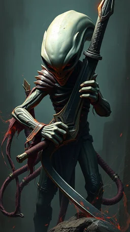 Bosch painting style nightmare in 3D , an Alien with sword has dual with a warrior with a sword background, high Quality picture , 8k