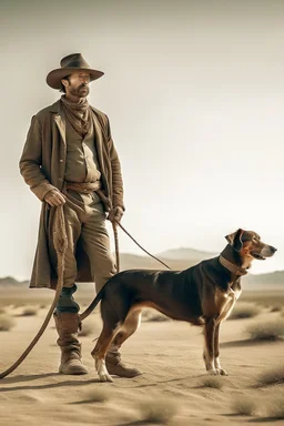 Full body cowboy in a desert with a dog and fancy walking stick