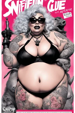 SNIFFIN’ GLUE magazine high res photo cover by Ralph Steadman: special bombshell in agent provocateur for her with curvy tattoos issue; guest star : Bebop and Rocksteady