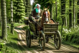 old man driving 2 wheel cart stopped by bandits on horseback on the forest road