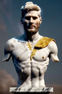 Realistic image, Roman sculpture made in white marble with gold veins, Lionel messi with gold halo crown, two blue brushes, decorative star on the chest, waist up portrait, marble material, gold ornaments, Baroque style, sun rays background, epic, celestial, cinematic lighting, God lights, 4k resolution, smooth details, soft lighting, unreal engine 5, art station, substance 3d.