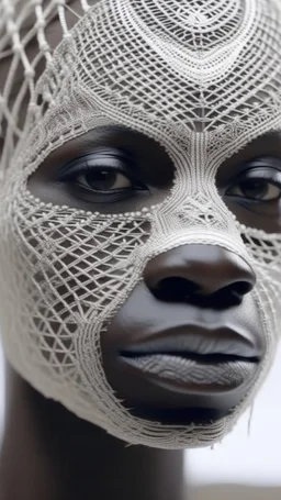 A long hyperrealistic zoomed out shot of a queen face of the African tribes all in white head out of a white spider web, intricate details, soft natural light, screen captured from 4K Blu-ray. All white background