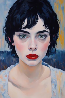A hyperrealistic fine art oil painting with precise brushstrokes in ultra fine detail by Hope Gangloff of a barely clothed ordinary awkward and unusual beautiful young female vampire 23 years aged with pale skin and short messy tangled jet black hair and beautiful reflective tired eyes that stare directly into our eyes and thin chapped lips and slightly crooked teeth, she looks sorrowful and heart-broken, elegantly and gracefully posed with precisely rendered structure and positioningof her a