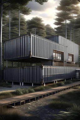 large house in the woods made from shipping containers, photorealistic