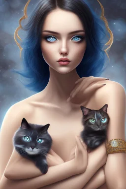 Black hair, blue eyes, woman holding calico cat