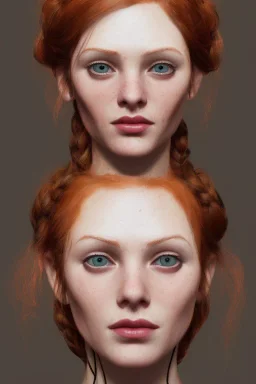 Woman corvo, cute, beautiful, orange hair, two braids, wild bangs, blue eyes, big eyes, freckles, long eyelashes, pink lipstick, thin lips, small nose, Gillian from Practical Magic, 8k resolution concept art portrait by Greg Rutkowski