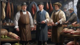 Realistic oil painting of a butcher, milliner and nutritionist standing side by side in a market setting, intricate details on their clothing and tools, realistic lighting and shadows, inspired by the works of Jan van Eyck and Rembrandt.