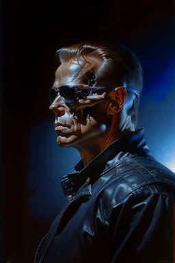 1970's dark fantasy cover dnd style oil painting of terminator with a glass brain in a minimalist far perspective.