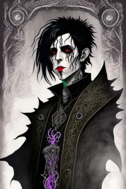 black haired young man necromancer wizard with gothic jewelry in the style of clive barker