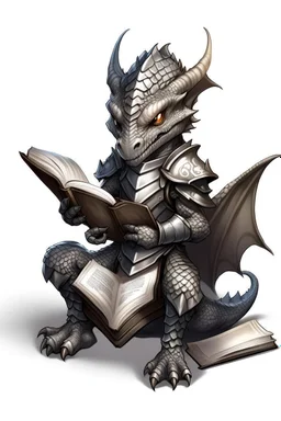 small dragon-like creature, grey diamond - shaped scales, magic book, leather armor