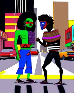 two arafed persons arguing in middle of street, yikes art, afrofuturism, arafed angularity, art cracking the road, angular aztec vibe, whimsical arafed nonsense, patchwork vibe, (((side view))) two arafed cyberlords fighting each other in a rainy whimsical downtown street with extreme body action and with (((exaggerated body parts))), (((oversize head))), sharp color contrasts, amazing shadows, (((exaggerated limbs and head))), minimal cozy, warm palette, bright bold warm summer colors