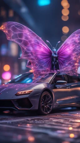 Illithid with butterfly wings frozen in net sitting on roof of a Lamborghini Limo, bokeh like f/0.8, tilt-shift lens 8k, high detail, smooth render, down-light, unreal engine, prize winning