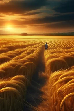 Wheat field being farmed by fantasy farmers