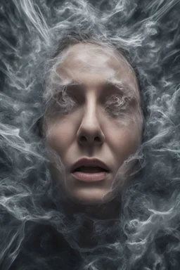 A realistic , 8k high quality image of a person's face from above, face is covered with a plastic, can't breath, suffocating with the face showing like vacuumed under the plastic, eyes open and looking in fear, metaphorically depicting the suffocating grip of anxiety, gothic and dramatic, chaos80 , with debree flying around, abstract