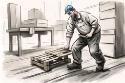 a swedish industry worker from sweden, very strong pushing a wooden pallet along the floor in a factory, very basic sketch painting like the image i uploaded