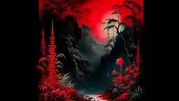 A blackish red savage jungle at nighttime designed in Mehndi design painted by Ivan Aivazovsky