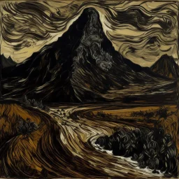 A dark brown mountain with tar pits painted by Vincent van Gogh