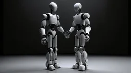 Create an image featuring two humanoid robots holding hands. One robot should have a shiny light gray finish, while the other should have an opaque dark gray appearance. Both robots have their heads slightly tilted downwards, giving a mechanical and somewhat contemplative look. The setting is minimalistic, focusing on the contrast between the robots' finishes and their human-like connection.