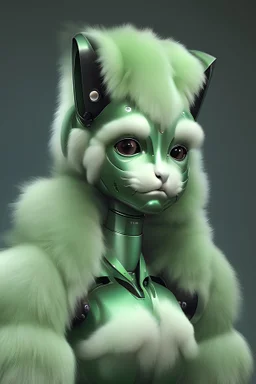 Cute Robot, nft, hyper realistic, avatar, green metal, fur coat, detail, close up, balenciaga