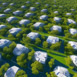 Complex of ten oval cabins, Zaha Hadid style, aerial view, ultra quality, hyper-detailed, digital art, 8k 3D, trees, parking lots, people