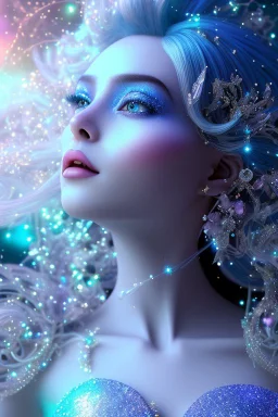 woman glitter blue fairy in a galactic ambiance, long blue hair, detailed gorgeous smile, delicate colors in the foreground, full of details, smooth, light effect，vaporwave colorful, smooth, extremely sharp detail, finely tuned detail, ultra high definition, 8 k, unreal engine 5, ultra sharp