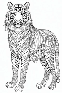 outline art for an Adult coloring page, Tiger with a white background, Sketch style, full body, only use outline< Mandala style, clean line art, white background, no shadows and clear and well