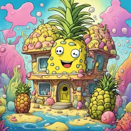 Spongebob TV Show Cartoon iconic still of a Pineapple House under the sea, cartoon art, colorful, detailed illustration by Stephen Hillenburg