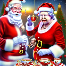 Santa Clause having tea with Queen Elizabeth, the north pole, fantasy art, illustration, high detail, shiny, monkeys, lasers, Kanye