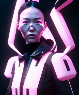 Portrait, Front image, latex rabbit mask, cyberpunk Asian woman, black pink color, highly detailed, concept art, smooth, unreal engine 5, god rays, ray tracing, RTX, lumen lighting, ultra detail, volumetric lighting, 3d, finely drawn, high definition, high resolution.