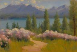 Sunny day, mountains, flowers, pathway, pine trees, lake, distant trees, theodore robinson impressionism painting