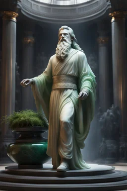 highly detailed marble and jade sculpture of a serene man with long hair and short beard, full body shot, invisible gloves, , volumetric fog, Hyperrealism, breathtaking, ultra realistic, unreal engine, ultra detailed, cyber background, Hyperrealism, cinematic lighting, highly detailed, breathtaking, stunning environment