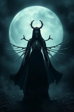 goddess of night covered in dark mist in a dark dress and undead skeleton wings