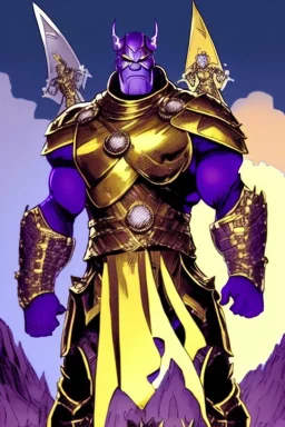 Thanos, the commander of the army of aliens and the king of the entire galaxy, is ready to go on a campaign with his two large swords, his very beautiful and impenetrable armor with his golden helmet, standing on top of a hill with his sword with infinity gauntlet