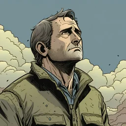 man, chevy chase, looking at the sky, looking serious, comic book, post-apocalypse, grey background, illustration,