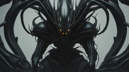 4k, Photorealism, hyper realistic, In the heart of a biomechanical hive, the Xenomorph Queen reigns supreme. Towering and grotesque, her elongated form is a grotesque fusion of insectoid and alien features. Jagged biomechanical spines protrude from her back, and her eyes emit an eerie, otherworldly glow. Clutched in her monstrous, clawed hands is a cluster of glistening, leathery eggs. The very embodiment of cosmic terror, she presides over her domain with an air of malevolent regality