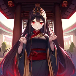 Clear focus,High resolution, black long hair, Vibrant red eyes, Emo style, Shrine Maiden clothes