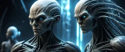 Close-up confrontation between an ancient alien outcast leader and a space broker, standing only a meter apart, intense eye contact, glowing crystalline rod between them, anger mixed with sadness, dramatic facial expressions, shallow depth of field, cinematic lighting, stylized 3D anime, airbrush painting, crisp outlines, hr giger and titian