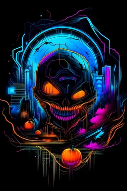 "Create an AI painting art logo for T-shirt piece that blends the eerie enchantment of Halloween with a futuristic twist. Picture a cyberpunk-themed Halloween night, where neon lights and holographic jack-o'-lanterns illuminate the streets, and supernatural beings meet cutting-edge technology."