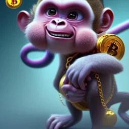 pixar style anamorphic cute monkey baby, smiling, gangsta gold neckless, full body, magenta puffer jacket, manila city backdrop, dramatic lighting, hyper-realistic, unreal engine 5, 16k. full detailed bitcoin