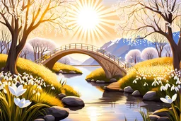 magic garden with white snowdrops flowers, white, or gold light effects colors, sun, realistic, blooming trees in springtime, willow, bridge, pond, wood, white mountains, highly detailed, high contrast, 8k, high definition, concept art, sharp focus