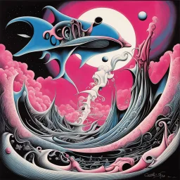 Surreal sneaky lunatic lunar breakup, Style by Gerald Scarfe and Alan Kenny Scharf and Wotto, sinister surreal masterpiece, text "PINK FLOYD" in iconic pink floyd font, Album art, color ink illustration, dark colors, smooth, by Gerald Scarfe