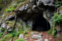 Representación de la entrada a las grutas en la ladera de una montaña, semioculta por vegetación y enredaderas. bosque encantado, magic y fantasia medieval. misticismo sagrado. atmosfera mistica. Formaciones rocosas naturales enmarcan la entrada. La imagen sugiere misterio y aventura, con un contraste entre la oscuridad de la cueva y los colores vivos del exterior. Las Grutas de Anwyn se adentran en las profundidades de la montaña, con entradas ocultas entre vegetación y formaciones rocosas imp