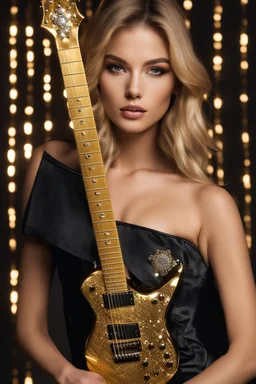 Beautiful Super model playing Electric Guitar made of golden and diamonds, over-the-shoulder shot