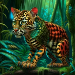 Create a surreal digital painting of an ocelot, seen from the side, whole body, heraldic and with a jungle background, in the style of Max Ernst. Modifiers: digital painting intricate beautiful high detail hyperrealistic high definition crisp quality colourful surreal alcohol ink Haunted Nature