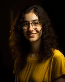 Jeune femme au sourire éclatant, longue et élancée, button nose, strong proeminent jawline, cheveux noirs, longs, bouclés et volumineux, porte de grandes lunettes rondes à la monture transparente. Elle porte un t-shirt de couleur jaune moutarde avec une chemise florale transparente. Rembrandt style lighting, 8k, portrait, HD.