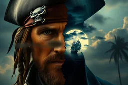 create a surreal double exposure of a pirate captain with a leather eye patch bearing a skull emblem. His face is overlaid with a faded treasure map, torn and weathered. Inside his silhouette, a pirate ship sails near a distant island under a full glowing moon, clouds drifting past, palm trees in the background. His coat and hat blend into storm clouds, golden and dark blue tones, ultra-detailed, cinematic --v 7 --style raw --ar 3:4