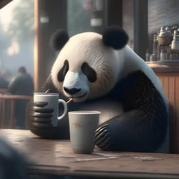 a panda drinking coffee at a cafe, 4k, realistic