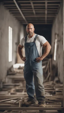 short, burly beefy robust italian bricklayer painter 40 years old, shaved hair, short blond beard, shirtless in bulging overalls, big calves, photorealistic, side light, inside a building under construction