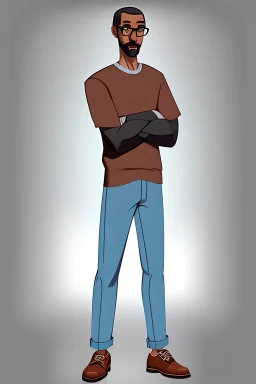 man, teacher, full body, midlife, front view, goatee, cartoon, brown shoe,cartoon, dreamlikeart, rzviceb6, adult, happy, rzviceb6, soft lighting, cinematic lighting, south american, skinny, glasses, skinny, south american, skinny, shirt blue, cool, thinning black hair, dark skinned