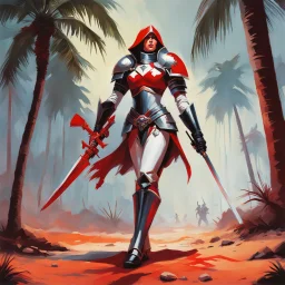 [art by Steve Rude] bloody Templar of the Oath of Silence on the battlefield with her mace and palmtree crab armour